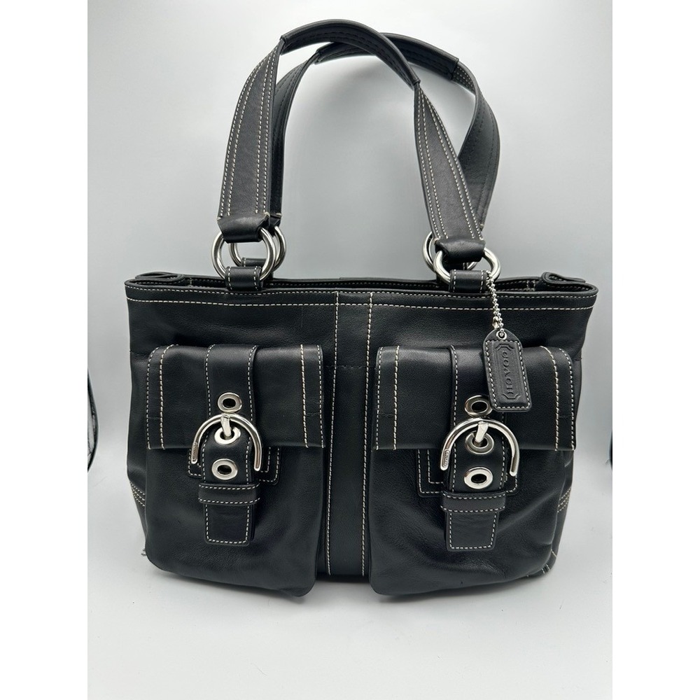Coach Soho Bag‎ Black Leather Buckle Flap Shoulder Contrast Stitch F08A09 Y2K
